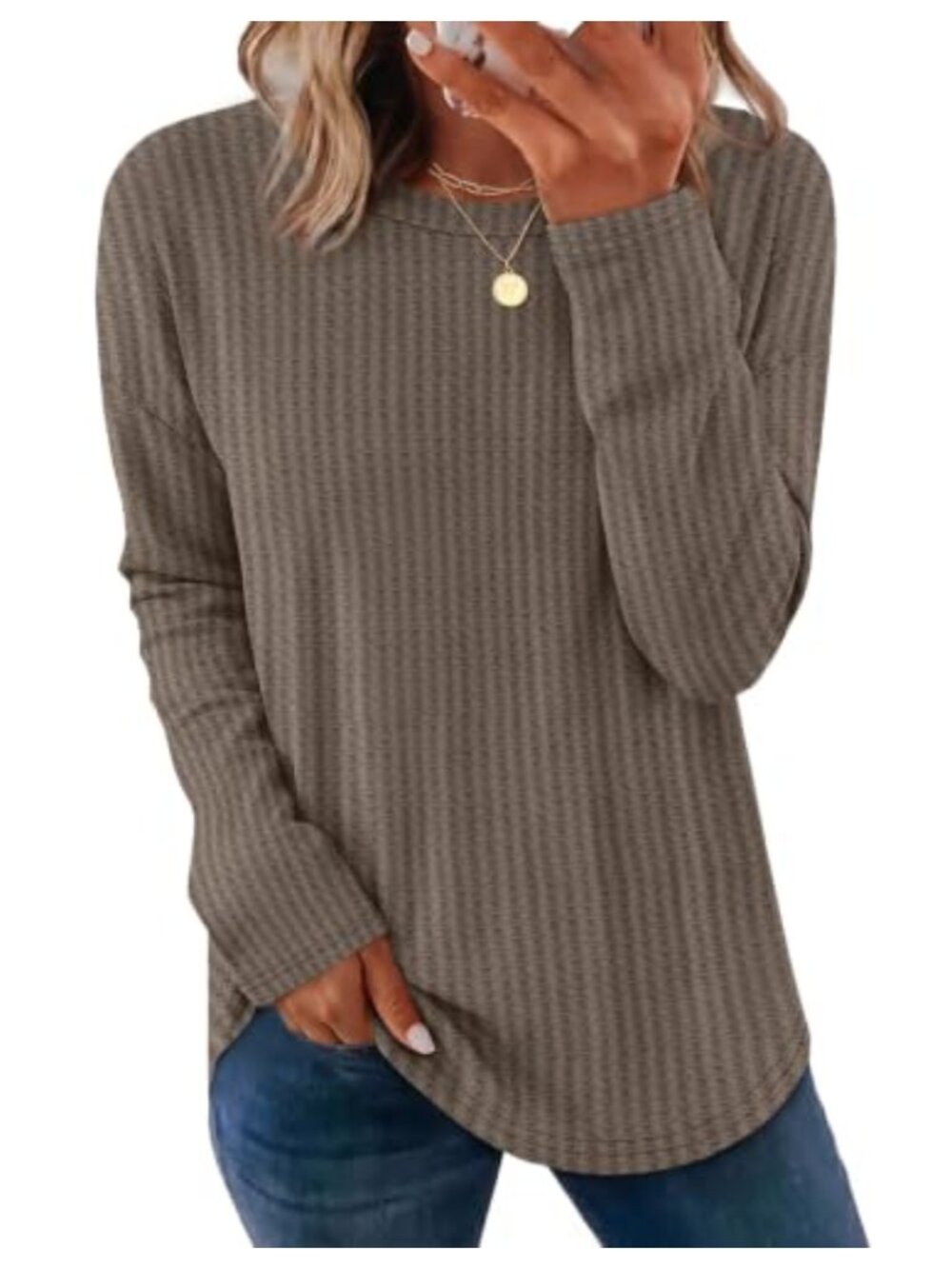 Waffle Knit Long Sleeve Tunic Top Curved Hem Polyester Spandex Relaxed Fit